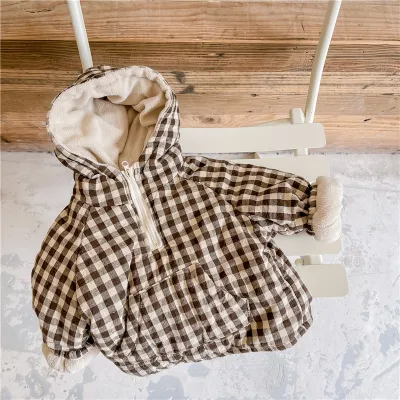 Kids Boys Clothing(3-14T) Fashion Autumn Winter Grid Printed Velvet Hoodies Coat