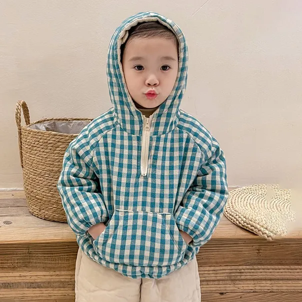 Kids Boys Clothing(3-14T) Fashion Autumn Winter Grid Printed Velvet Hoodies Coat