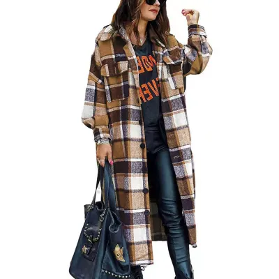 Women Casual Plaid Woolen Long Sleeve Loose Coat for Autumn Winter