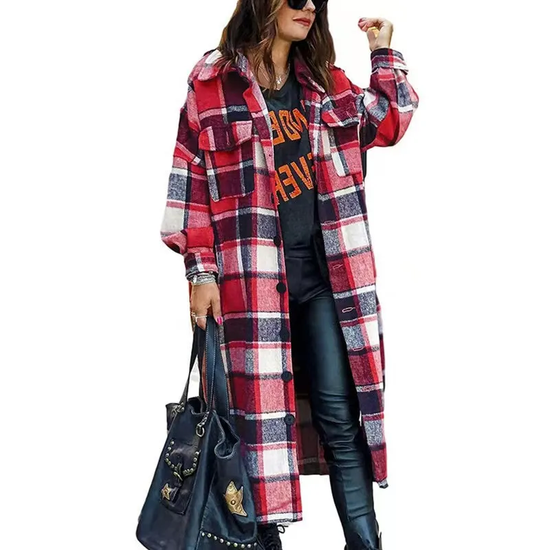 Women Casual Plaid Woolen Long Sleeve Loose Coat for Autumn Winter