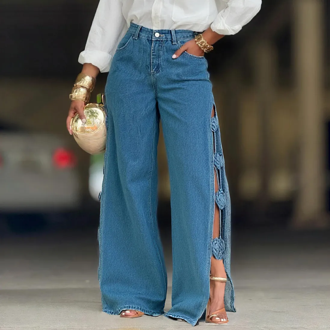 Women Fashion Sexy Floral Hollow-Out Split Jeans