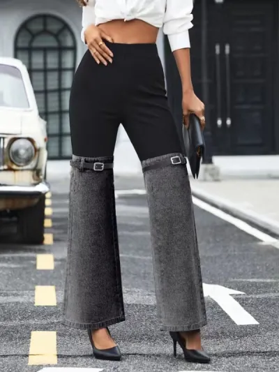 Women Casual Stitching Wide Leg Slim Fit Jeans