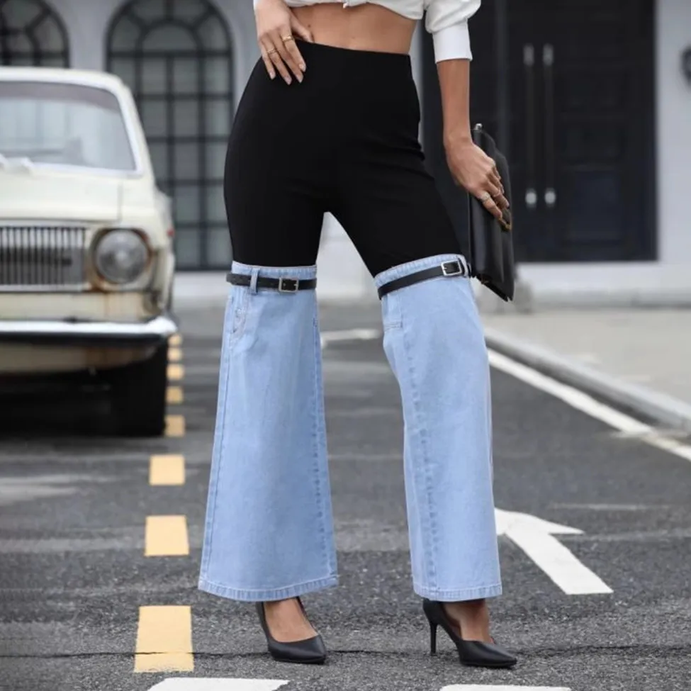 Women Casual Stitching Wide Leg Slim Fit Jeans