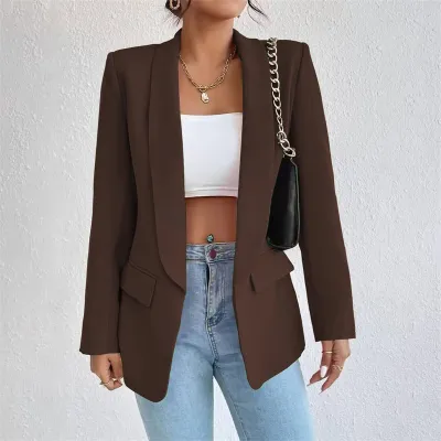 Women Casual Solid Color Lapel Long-Sleeve Blazer Coat