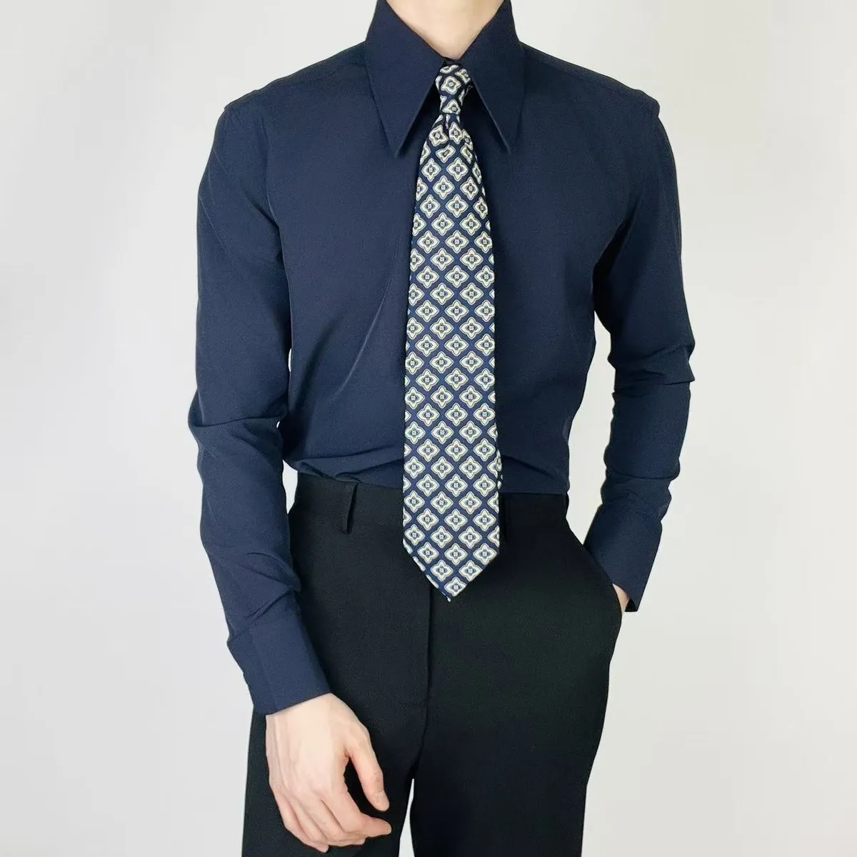 Men Casual Solid Color Slim Fit Long Sleeve Pointed Collar Dress Shirts