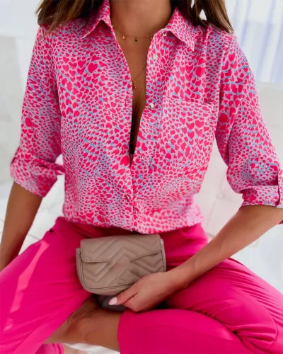 Women Casual Printed Polo Collar Long Sleeve Blouse