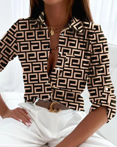 Women Casual Printed Polo Collar Long Sleeve Blouse