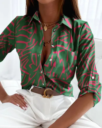 Women Casual Printed Polo Collar Long Sleeve Blouse