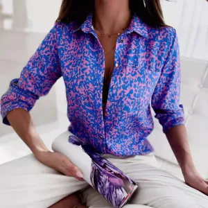 Women Casual Printed Polo Collar Long Sleeve Blouse
