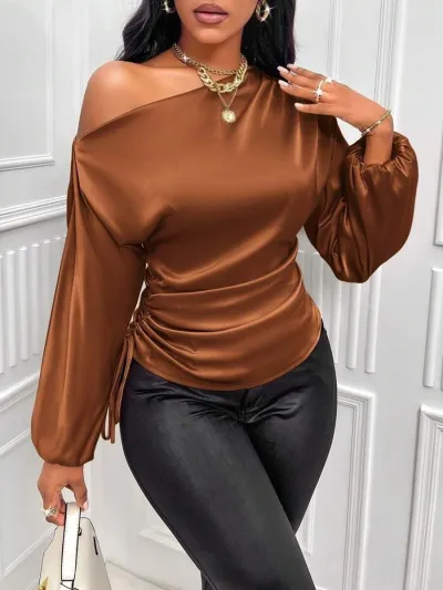 Women Sexy Satin Slant Shoulder Long Sleeve Blouse