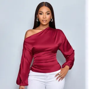 Women Sexy Satin Slant Shoulder Long Sleeve Blouse