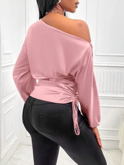 Women Sexy Satin Slant Shoulder Long Sleeve Blouse