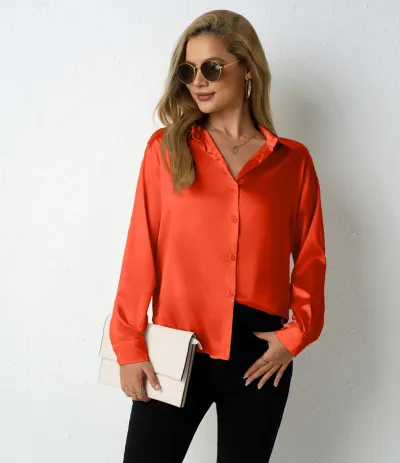 Women Casual Satin Lapel Long-Sleeve Loose Blouse