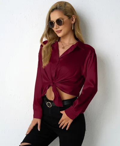 Women Casual Satin Lapel Long-Sleeve Loose Blouse