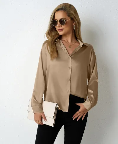 Women Casual Satin Lapel Long-Sleeve Loose Blouse
