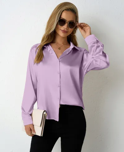 Women Casual Satin Lapel Long-Sleeve Loose Blouse