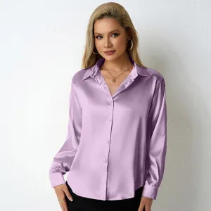 Women Casual Satin Lapel Long-Sleeve Loose Blouse