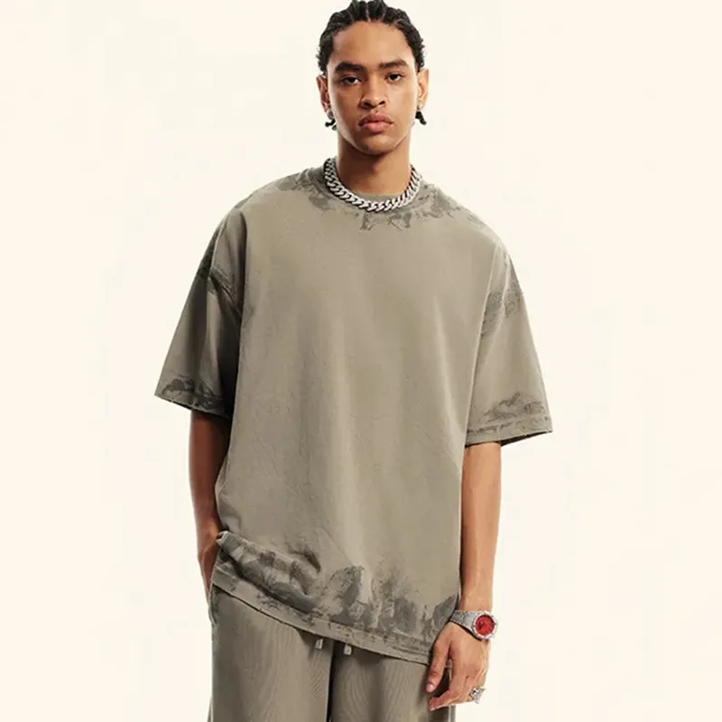Men's Retro Cotton Short Sleeve Loose Crewneck T-Shirt Solid Color