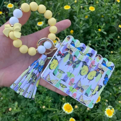 Women Fashion Leopard Butterfly PU Leather Silicone Bracelet Keychain Wallet