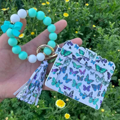 Women Fashion Leopard Butterfly PU Leather Silicone Bracelet Keychain Wallet
