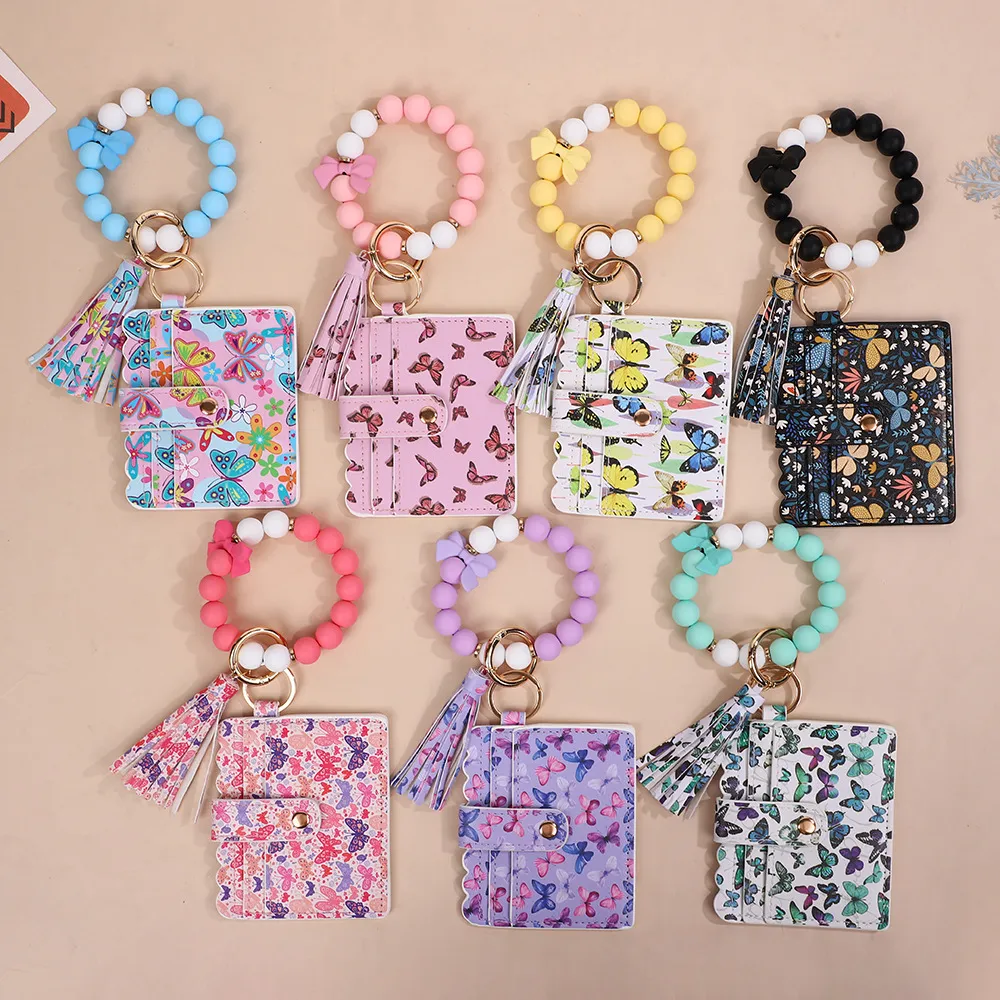 Women Fashion Leopard Butterfly PU Leather Silicone Bracelet Keychain Wallet