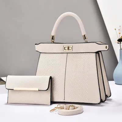 Women Simple Elegant Solid Color Large Capacity Tote Handbag Two-Piece Bag Set