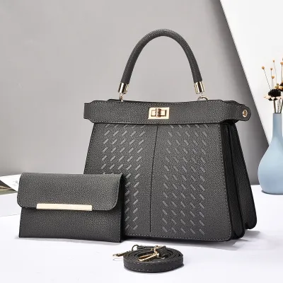 Women Simple Elegant Solid Color Large Capacity Tote Handbag Two-Piece Bag Set