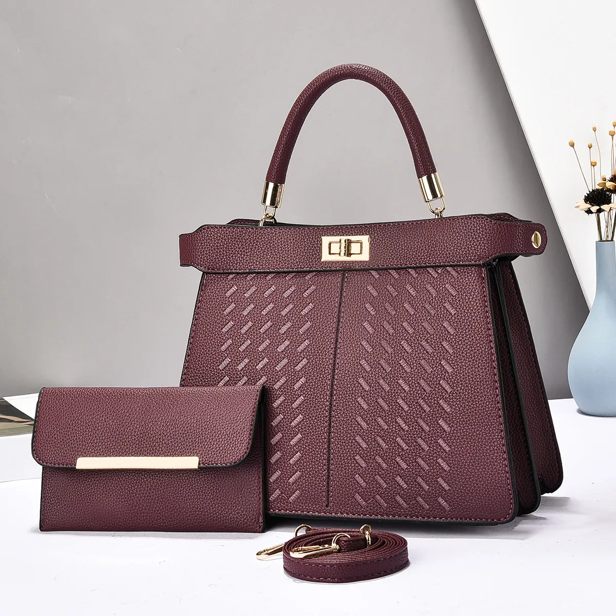 Women Simple Elegant Solid Color Large Capacity Tote Handbag Two-Piece Bag Set