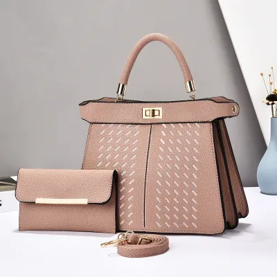 Women Simple Elegant Solid Color Large Capacity Tote Handbag Two-Piece Bag Set