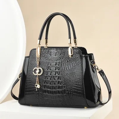 Women Fashion Casual Large Capacity Crocodile Pattern PU Handbag with Zipper Closure