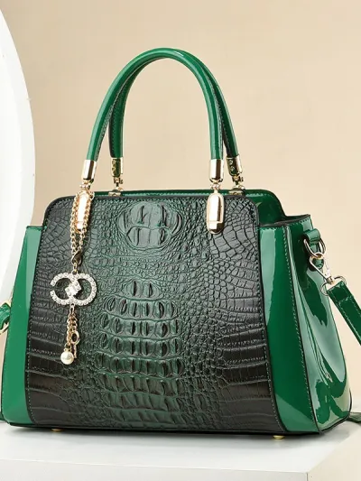 Women Fashion Casual Large Capacity Crocodile Pattern PU Handbag with Zipper Closure