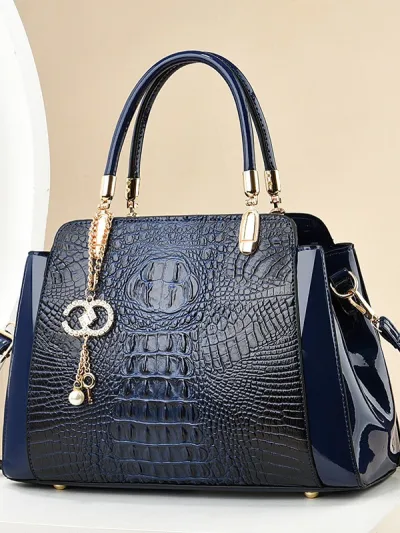 Women Fashion Casual Large Capacity Crocodile Pattern PU Handbag with Zipper Closure