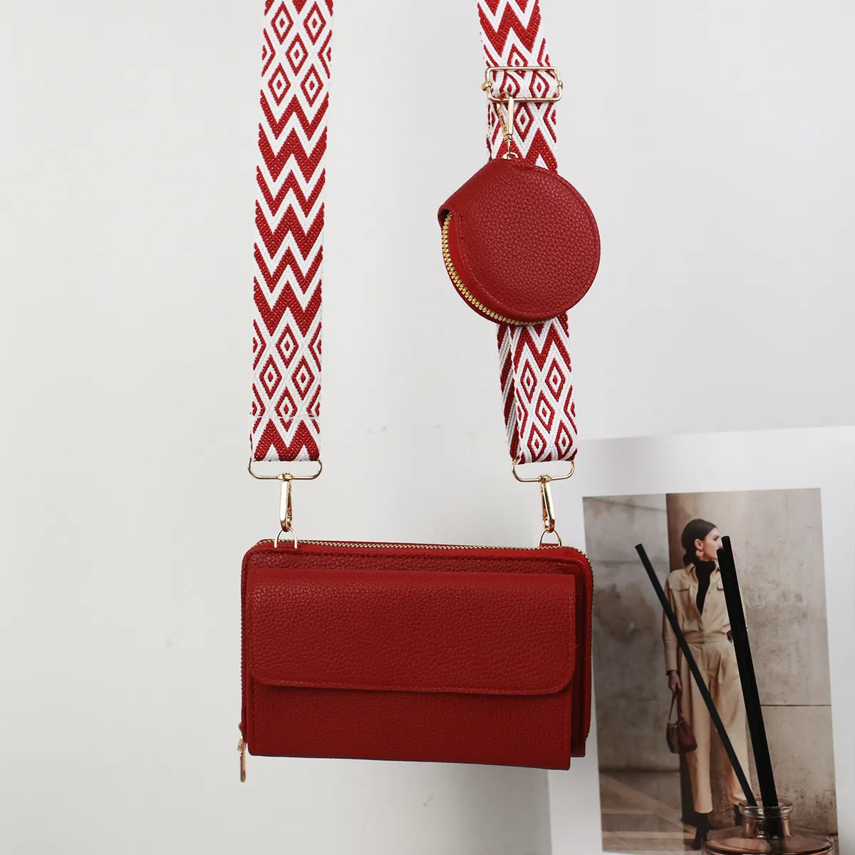 Women Urban Simplicity Solid Color Litchi Pattern Multi-Functional PU Shoulder Bag