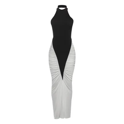 Women Sexy Elegant Contrast Color Sleeveless Backless Pleated Slim-Fit Maxi Dress
