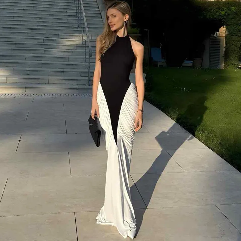 Women Sexy Elegant Contrast Color Sleeveless Backless Pleated Slim-Fit Maxi Dress