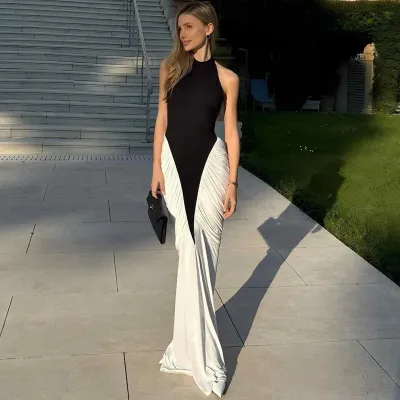 Women Sexy Elegant Contrast Color Sleeveless Backless Pleated Slim-Fit Maxi Dress