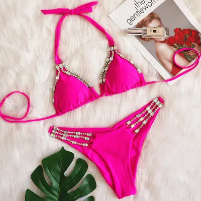 Women Sexy Holiday Beach Rhinestone Bikini Strap Swimsuit