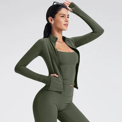 Women's Casual Yoga Sports Jacket - Long Sleeve Zipper Thin Nylon Spandex