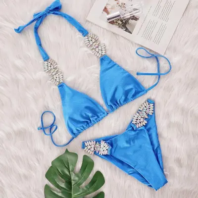 Women Sexy Solid Color Rhinestone Halter-Neck Bikini Swimwear