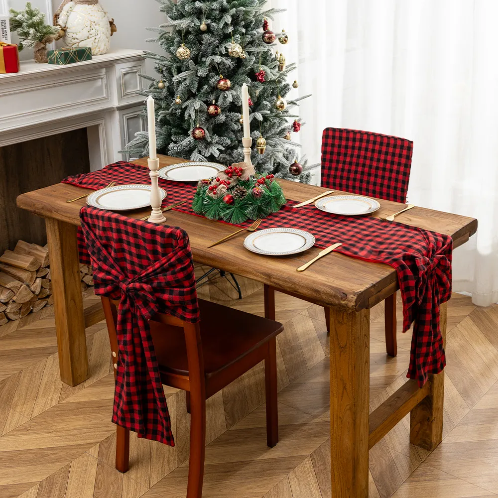 Fashion Christmas Red Black Plaid Table Flag Chair Cover Layout Props