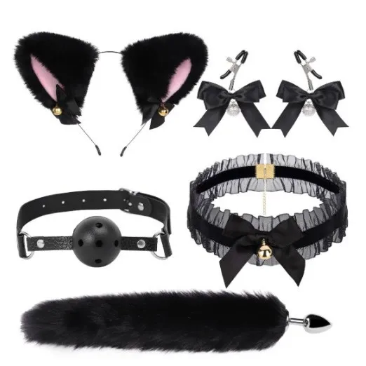 Women Fashion Lace Cat Ear Headband Bell Collar Sexy Lingerie Accessories Set