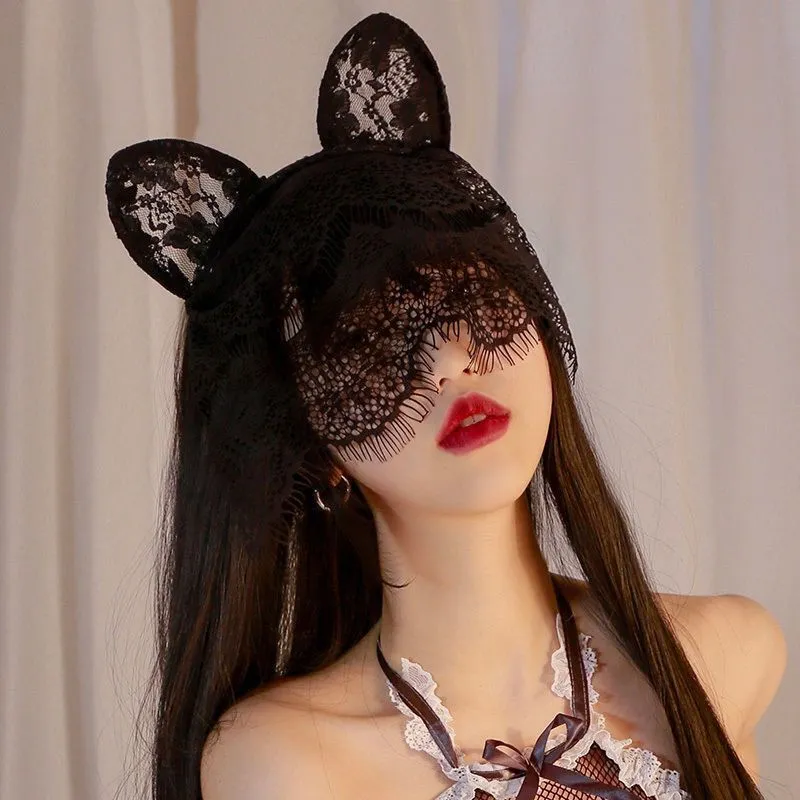 Women Fashion Solid Color Lace Party Cat Ear Headband Mask Sexy Lingerie Accessories