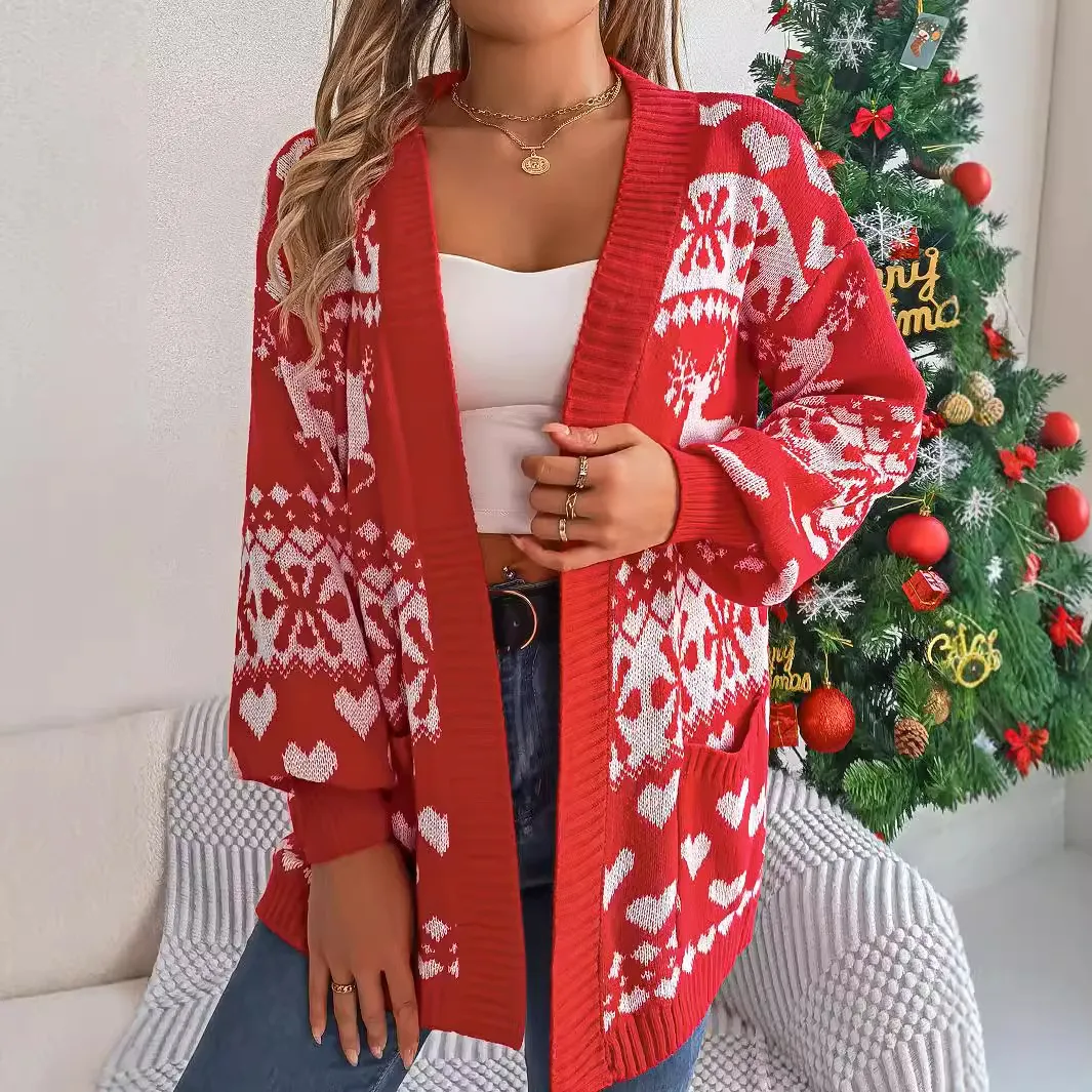 Women Fashion Casual Christmas Stripe Check Lantern Sleeve Knitted Cardigan