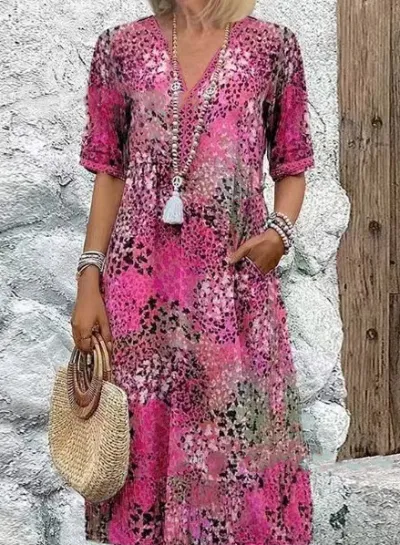 Women Casual Color Matching V-Neck Short Sleeve Loose Midi Dress