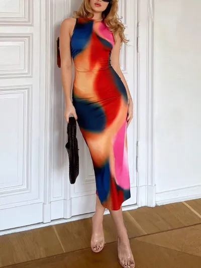 Women Sexy Printed Sleeveless Slim Fit Long Dress