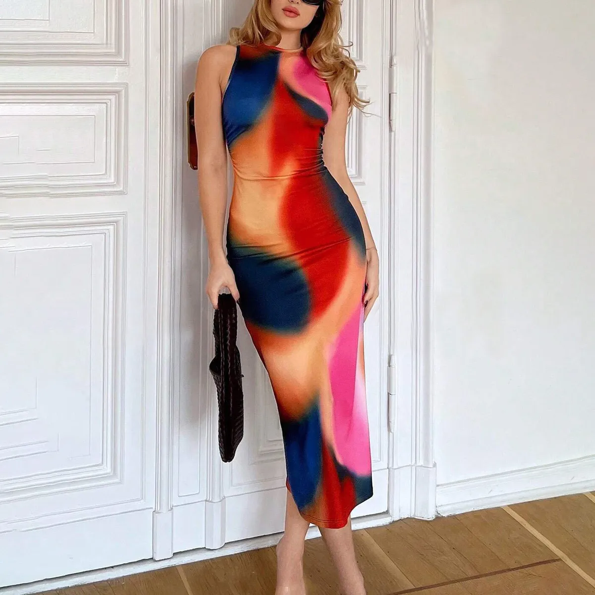Women Sexy Printed Sleeveless Slim Fit Long Dress