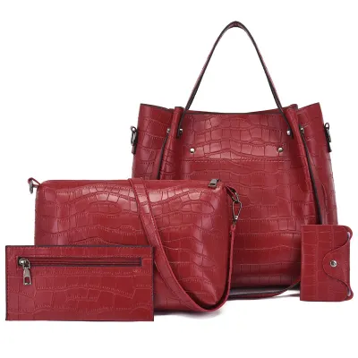 Women Fashion Casual Solid Color Large Capacity Crocodile Pattern Handbag Four-Piece Set