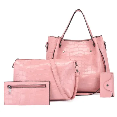 Women Fashion Casual Solid Color Large Capacity Crocodile Pattern Handbag Four-Piece Set