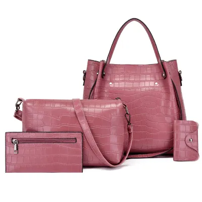 Women Fashion Casual Solid Color Large Capacity Crocodile Pattern Handbag Four-Piece Set