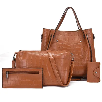 Women Fashion Casual Solid Color Large Capacity Crocodile Pattern Handbag Four-Piece Set